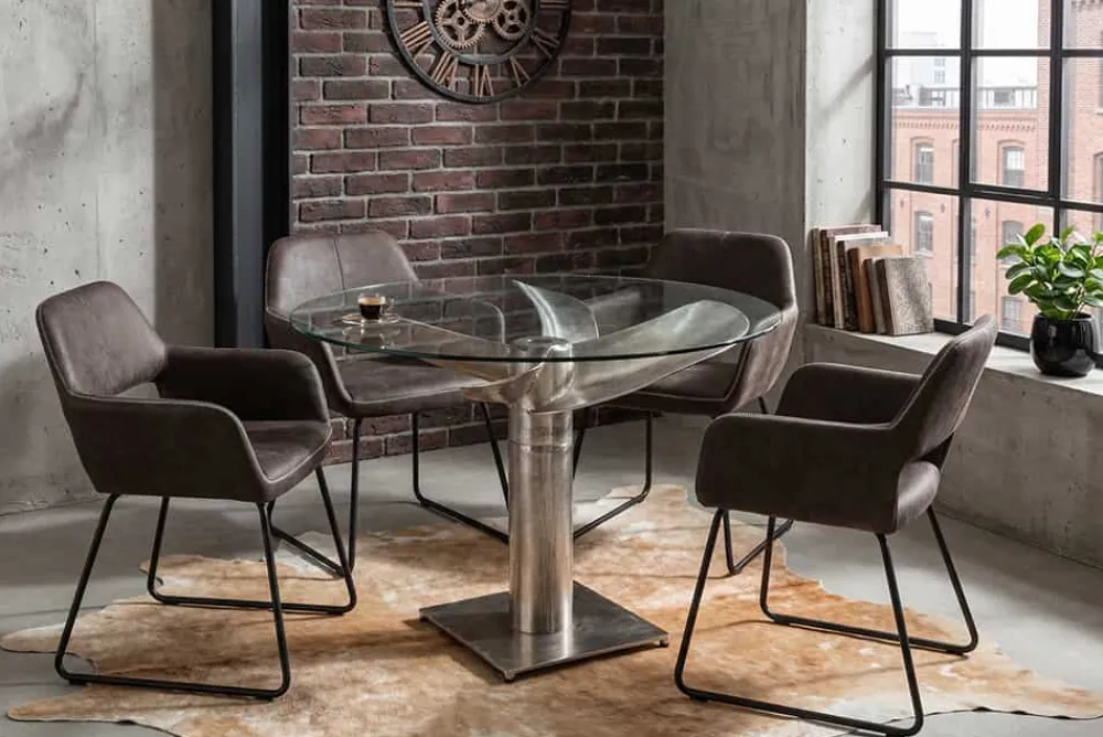 Riess-Ambiente Esstische > Maritimer Esstisch OCEAN 105cm silber antik Glastisch mit Schiffsschraube