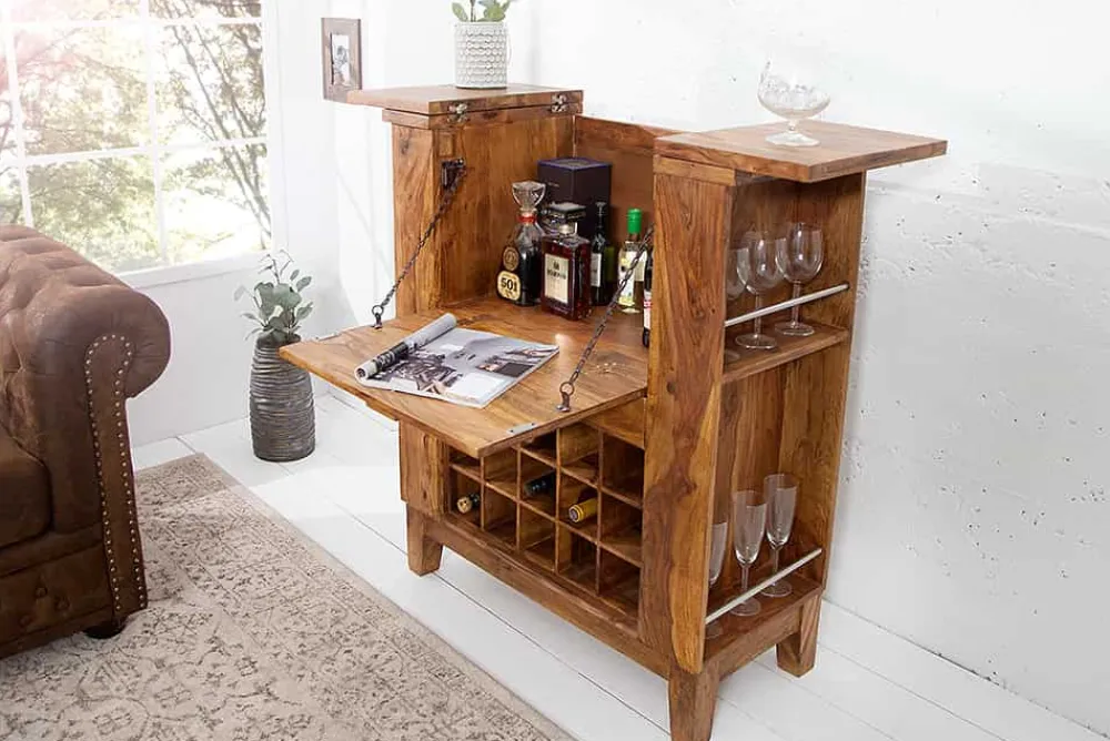 Riess-Ambiente Mehr...|Massivholzschränke > Massiver Barschrank MAKASSAR 85cm braun Sheesham stone finish Hausbar