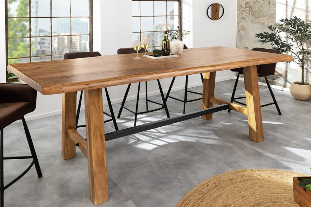 Riess-Ambiente Mehr...|Massivholztische > Massiver Bartisch MAMMUT 220cm natur Akazie Baumkante schwarz Metall