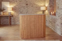 Riess-Ambiente Mehr...|Massivholztische > Massiver Bartisch TRES CHIC 120cm braun Mangoholz weiß Marmor mit Flaschenregal