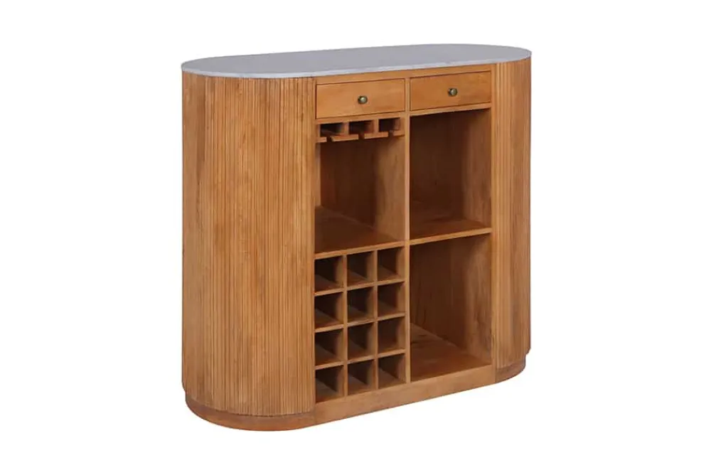 Riess-Ambiente Mehr...|Massivholztische > Massiver Bartisch TRES CHIC 120cm braun Mangoholz weiß Marmor mit Flaschenregal