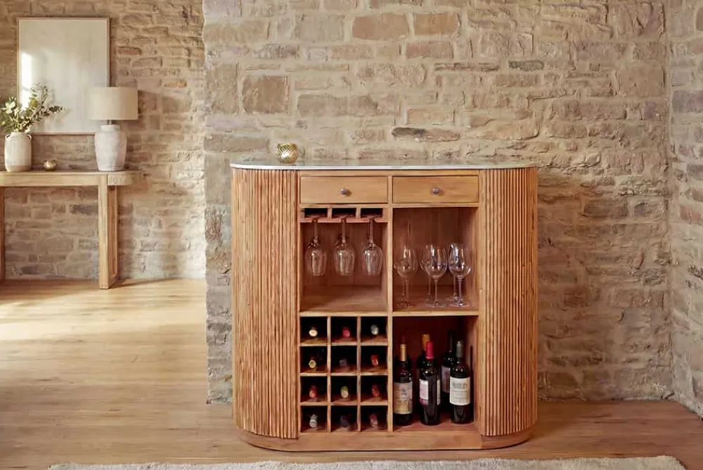Riess-Ambiente Mehr...|Massivholztische > Massiver Bartisch TRES CHIC 120cm braun Mangoholz weiß Marmor mit Flaschenregal