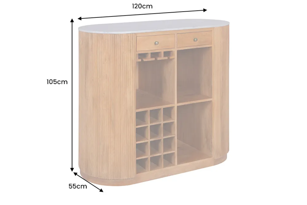Riess-Ambiente Mehr...|Massivholztische > Massiver Bartisch TRES CHIC 120cm braun Mangoholz weiß Marmor mit Flaschenregal