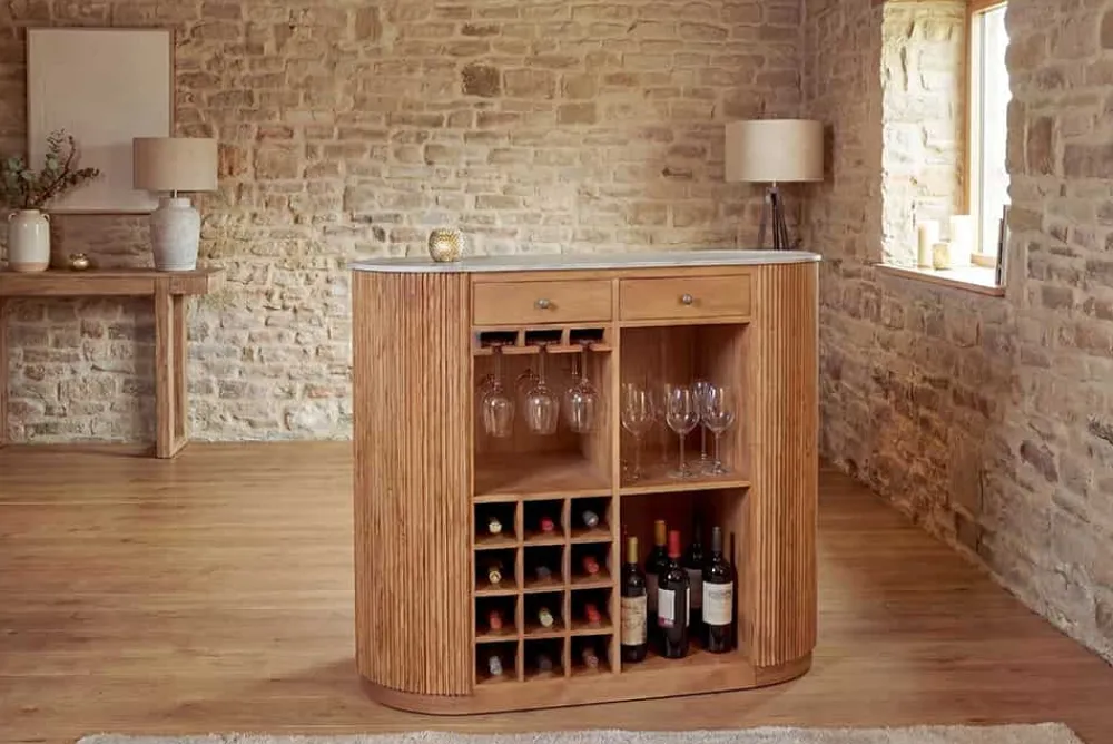 Riess-Ambiente Mehr...|Massivholztische > Massiver Bartisch TRES CHIC 120cm braun Mangoholz weiß Marmor mit Flaschenregal