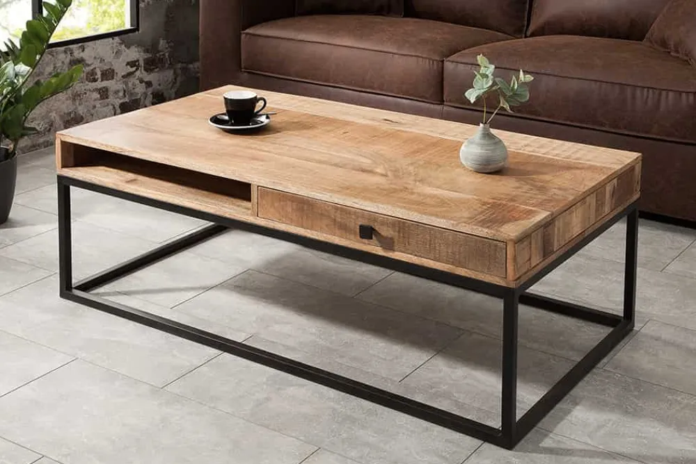 Riess-Ambiente Mehr...|Couchtische > Massiver Couchtisch IRON CRAFT 100cm Mangoholz mit Schublade schwarzes Metallgestell