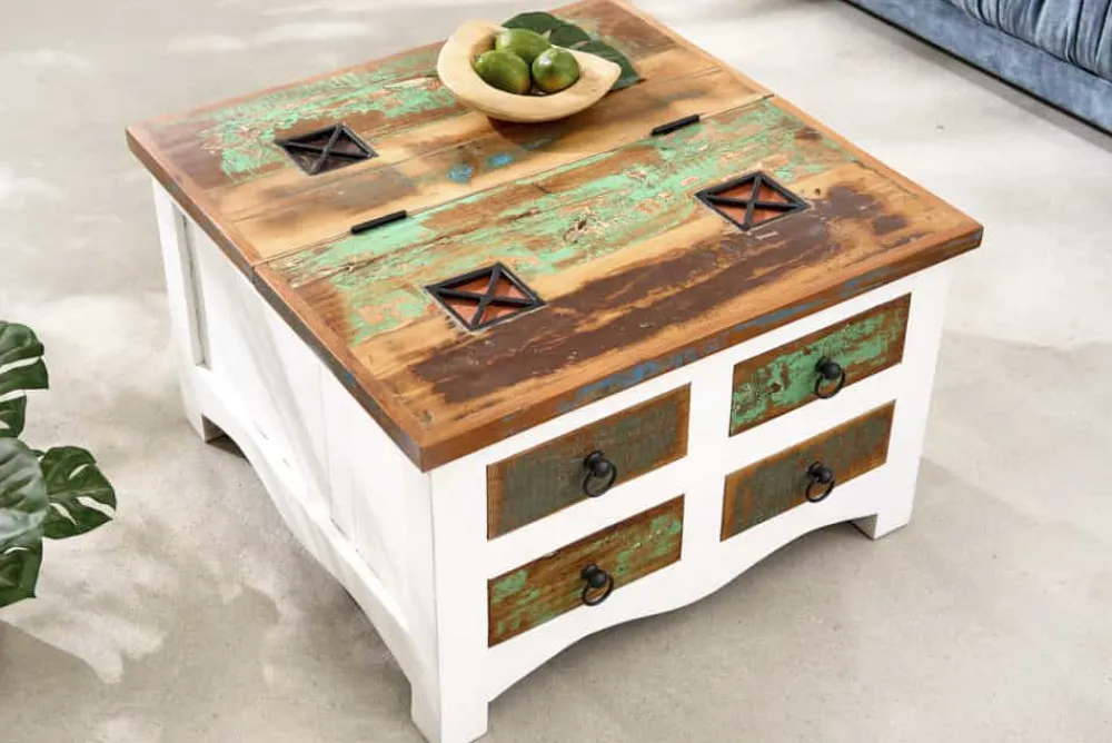 Riess-Ambiente Mehr...|Couchtische > Massiver Couchtisch JAKARTA 70cm weiß bunt Holz Truhe aus recycelten Fischerbooten mit Schubladen