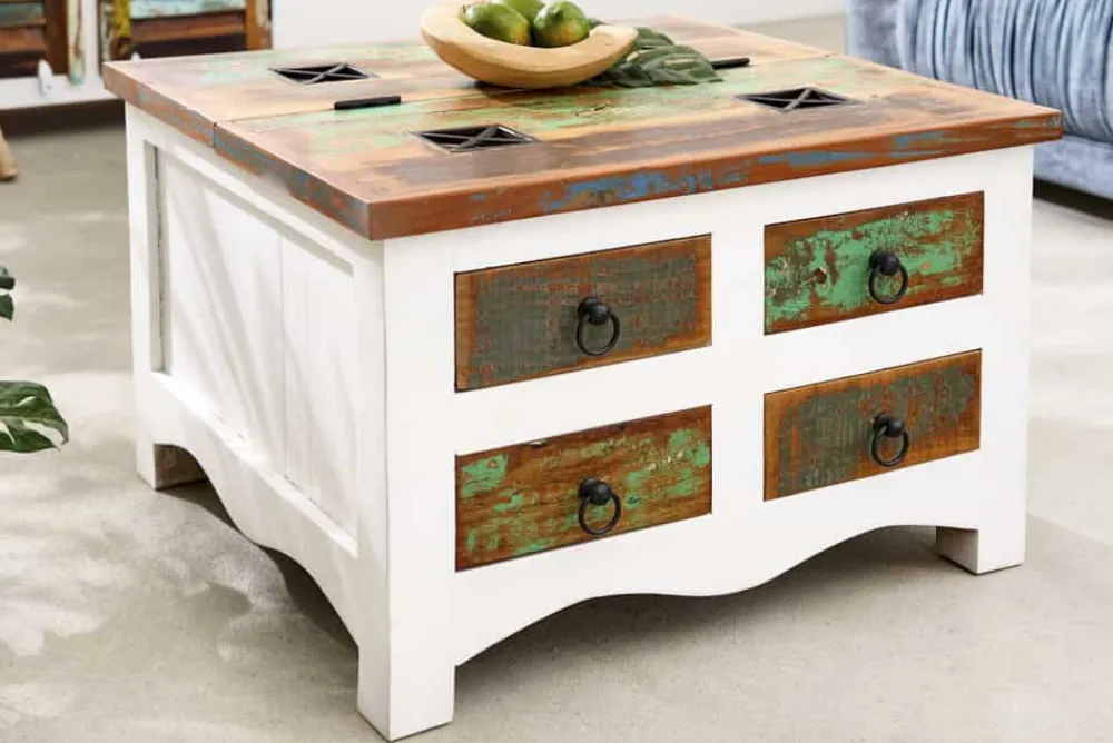 Riess-Ambiente Mehr...|Couchtische > Massiver Couchtisch JAKARTA 70cm weiß bunt Holz Truhe aus recycelten Fischerbooten mit Schubladen