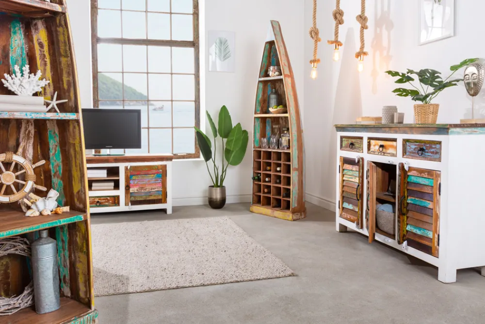 Riess-Ambiente Mehr...|Couchtische > Massiver Couchtisch JAKARTA 70cm weiß bunt Holz Truhe aus recycelten Fischerbooten mit Schubladen