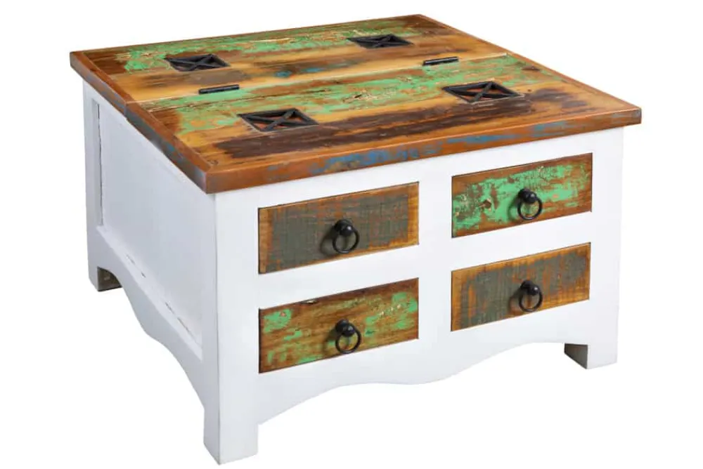 Riess-Ambiente Mehr...|Couchtische > Massiver Couchtisch JAKARTA 70cm weiß bunt Holz Truhe aus recycelten Fischerbooten mit Schubladen