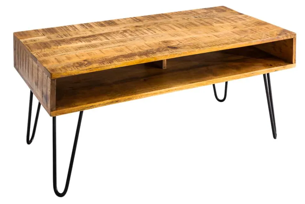 Riess-Ambiente Couchtische & Truhen|Industrial Loft > Massiver Couchtisch SCORPION 100cm natur Mangoholz Metall Hairpin Legs mit Ablage