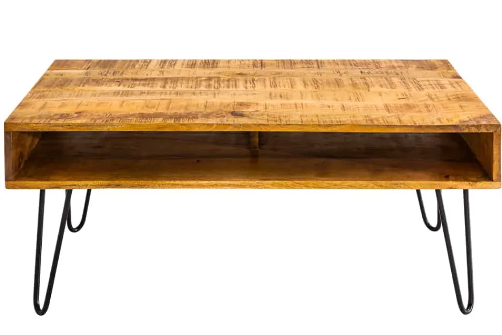 Riess-Ambiente Couchtische & Truhen|Industrial Loft > Massiver Couchtisch SCORPION 100cm natur Mangoholz Metall Hairpin Legs mit Ablage