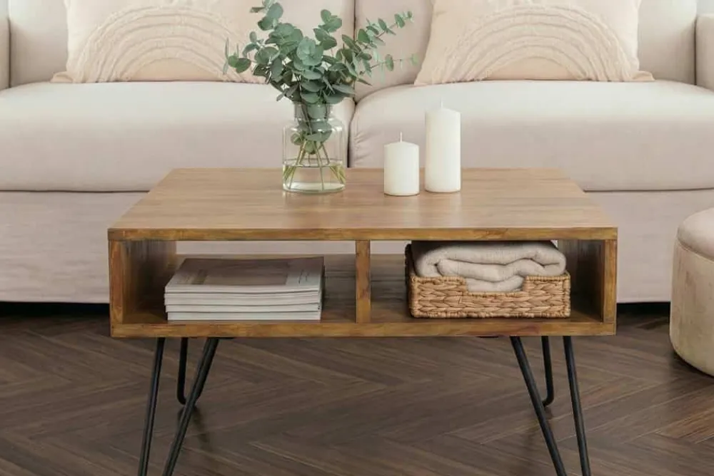 Riess-Ambiente Couchtische & Truhen|Retro Möbel > Massiver Couchtisch SCORPION 60cm braun honey finish Mangoholz mit Hairpin Legs