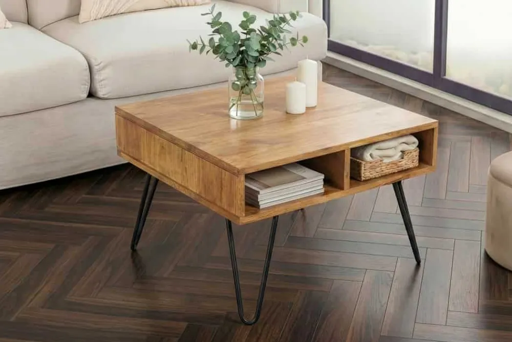 Riess-Ambiente Couchtische & Truhen|Retro Möbel > Massiver Couchtisch SCORPION 60cm braun honey finish Mangoholz mit Hairpin Legs