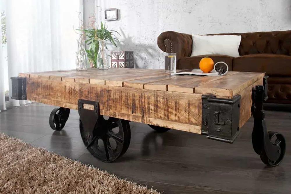 Riess-Ambiente Mehr...|Couchtische > Massiver Design Couchtisch RAILWAY 110cm Mangoholz mit 4 Rädern