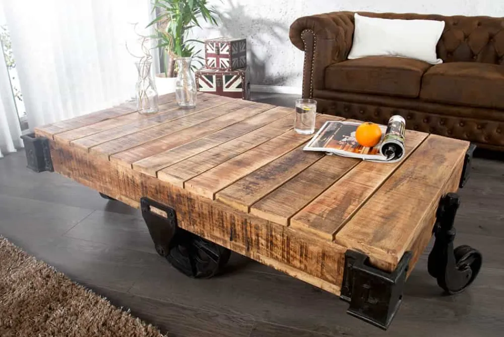 Riess-Ambiente Mehr...|Couchtische > Massiver Design Couchtisch RAILWAY 110cm Mangoholz mit 4 Rädern