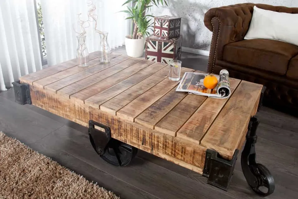 Riess-Ambiente Mehr...|Couchtische > Massiver Design Couchtisch RAILWAY 110cm Mangoholz mit 4 Rädern