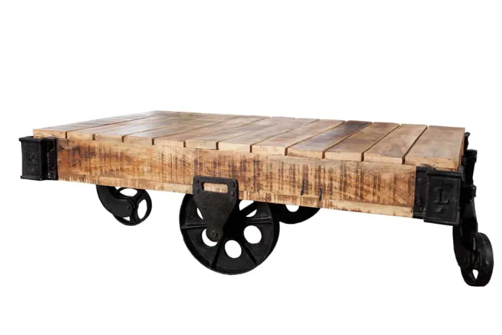 Riess-Ambiente Mehr...|Couchtische > Massiver Design Couchtisch RAILWAY 110cm Mangoholz mit 4 Rädern