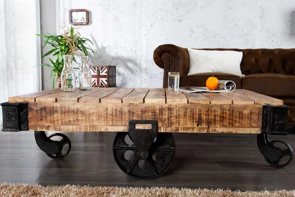 Riess-Ambiente Mehr...|Couchtische > Massiver Design Couchtisch RAILWAY 110cm Mangoholz mit 4 Rädern