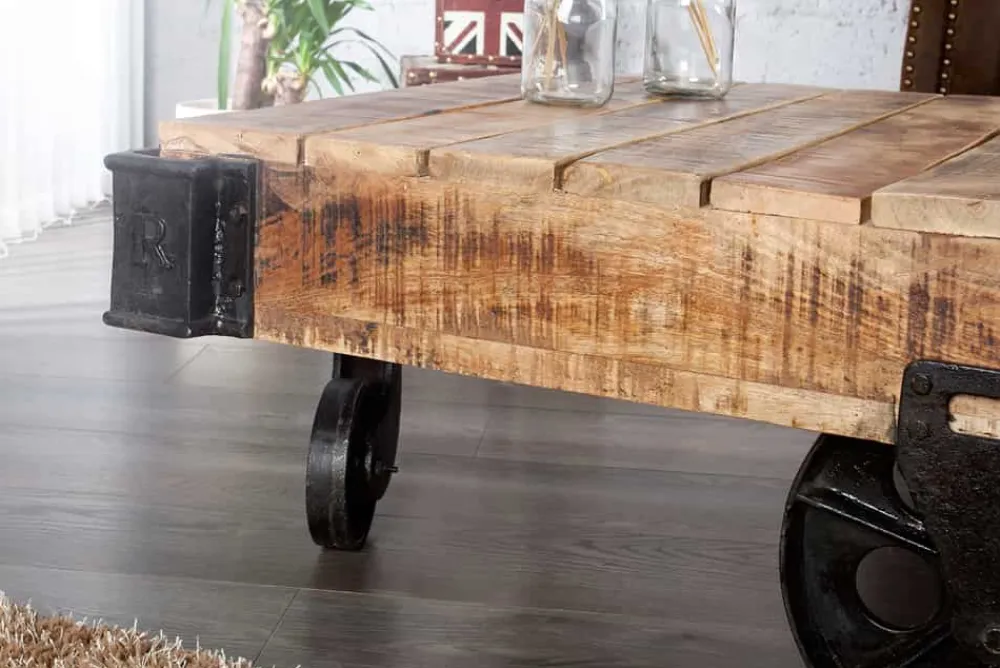 Riess-Ambiente Mehr...|Couchtische > Massiver Design Couchtisch RAILWAY 110cm Mangoholz mit 4 Rädern