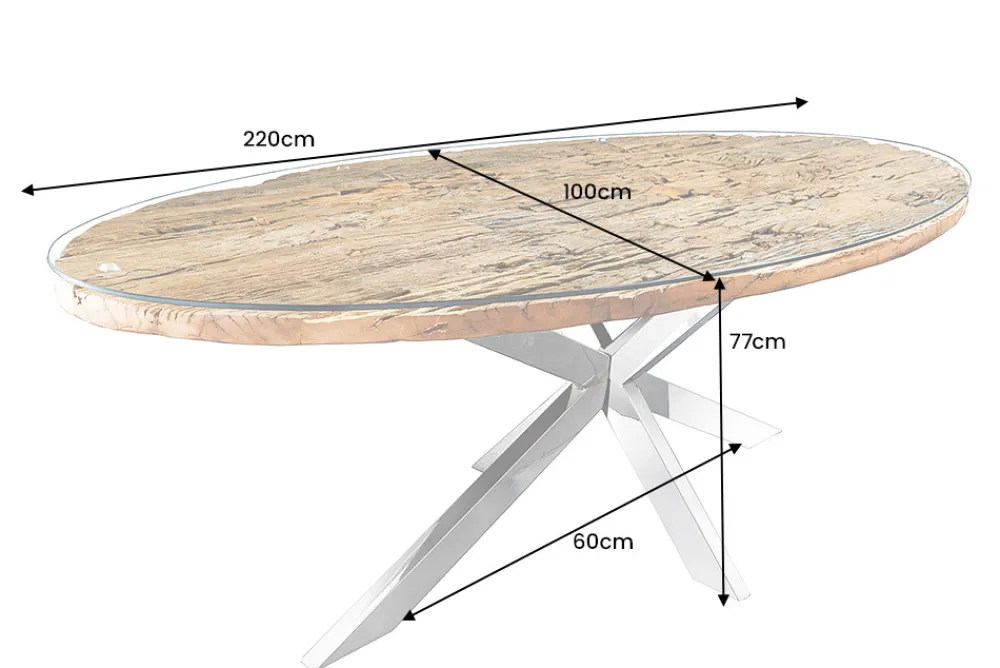Riess-Ambiente Mehr...|Massivholzesstische > Massiver Esstisch BARRACUDA 220cm braun Teakholz silber Sterngestell Glasplatte