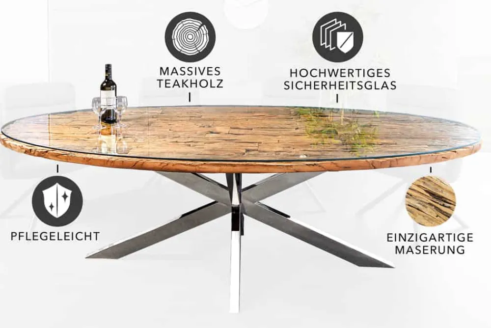 Riess-Ambiente Mehr...|Massivholzesstische > Massiver Esstisch BARRACUDA 220cm braun Teakholz silber Sterngestell Glasplatte