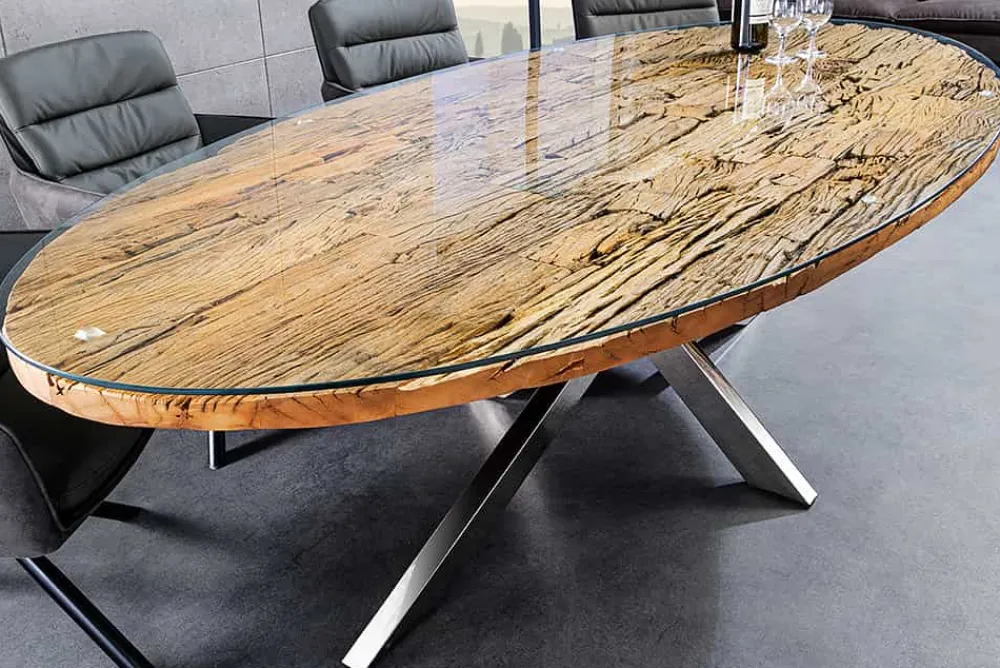 Riess-Ambiente Mehr...|Massivholzesstische > Massiver Esstisch BARRACUDA 220cm braun Teakholz silber Sterngestell Glasplatte