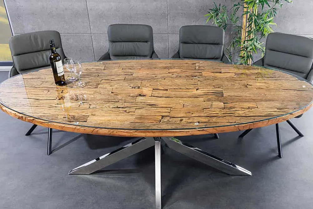 Riess-Ambiente Mehr...|Massivholzesstische > Massiver Esstisch BARRACUDA 220cm braun Teakholz silber Sterngestell Glasplatte
