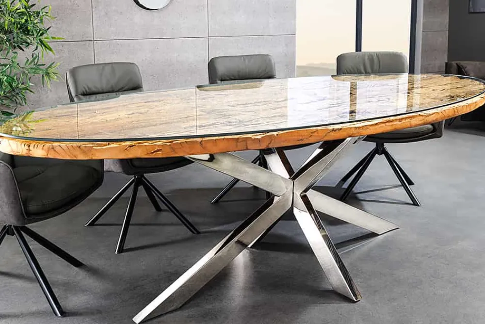 Riess-Ambiente Mehr...|Massivholzesstische > Massiver Esstisch BARRACUDA 220cm braun Teakholz silber Sterngestell Glasplatte