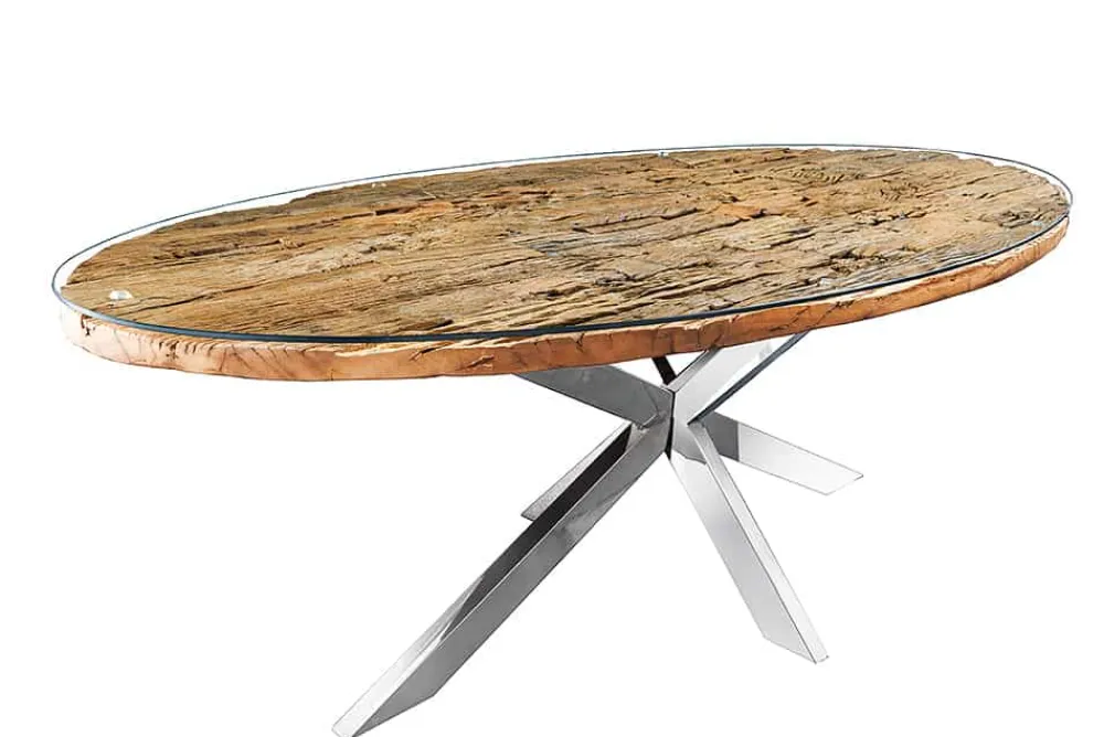 Riess-Ambiente Mehr...|Massivholzesstische > Massiver Esstisch BARRACUDA 220cm braun Teakholz silber Sterngestell Glasplatte
