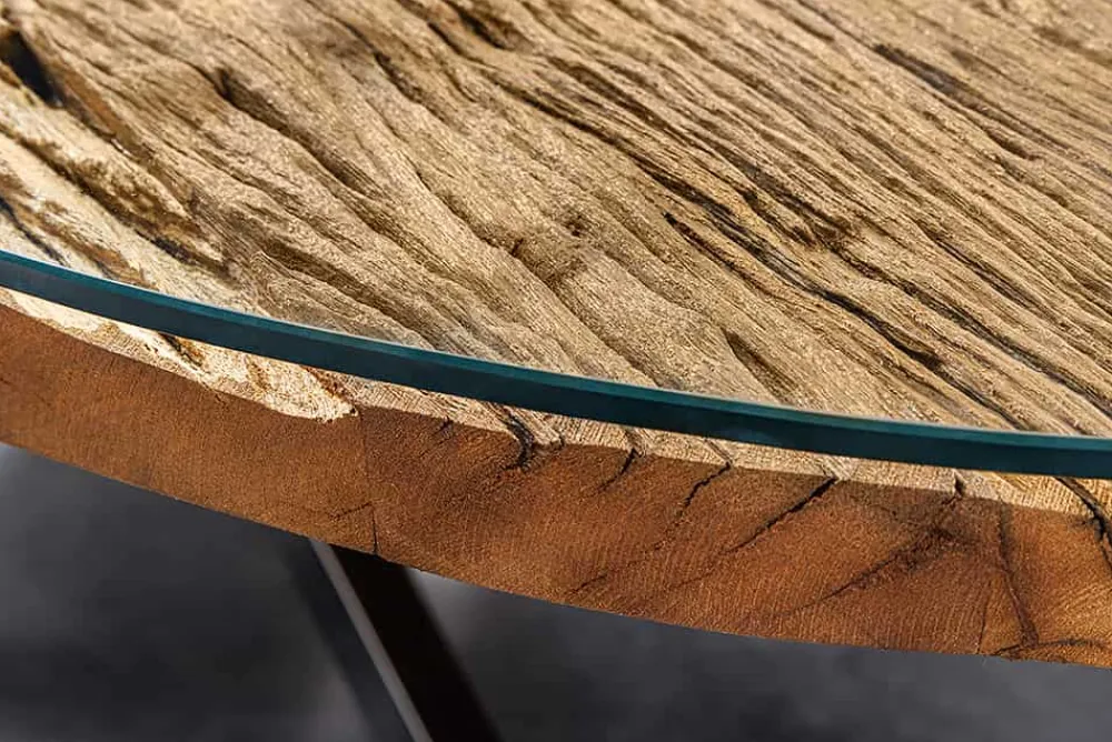 Riess-Ambiente Mehr...|Massivholzesstische > Massiver Esstisch BARRACUDA 220cm braun Teakholz silber Sterngestell Glasplatte