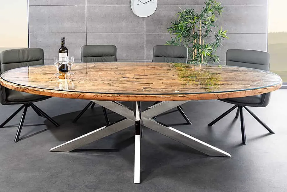 Riess-Ambiente Mehr...|Massivholzesstische > Massiver Esstisch BARRACUDA 220cm braun Teakholz silber Sterngestell Glasplatte