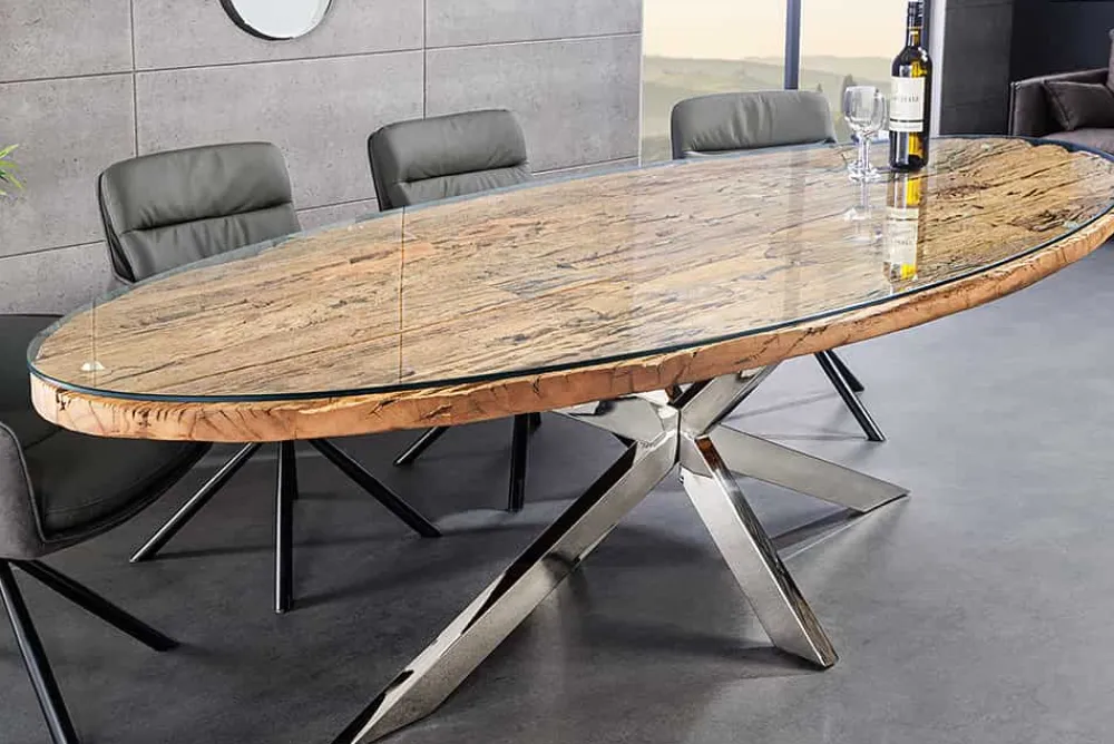 Riess-Ambiente Mehr...|Massivholzesstische > Massiver Esstisch BARRACUDA 220cm braun Teakholz silber Sterngestell Glasplatte