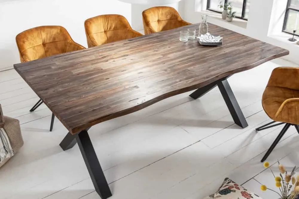 Riess-Ambiente Mehr...|Massivholzesstische > Massiver Esstisch GENESIS VINTAGE 200cm braun Akazienholz schwarzes X-Gestell Baumkante