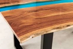 Riess-Ambiente Mehr...|Massivholzesstische > Massiver Esstisch LIQUID 160cm braun Akazienholz Baumkante schwarz Eisen blau
