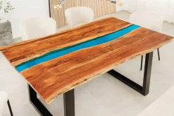 Riess-Ambiente Mehr...|Massivholzesstische > Massiver Esstisch LIQUID 160cm braun Akazienholz Baumkante schwarz Eisen blau