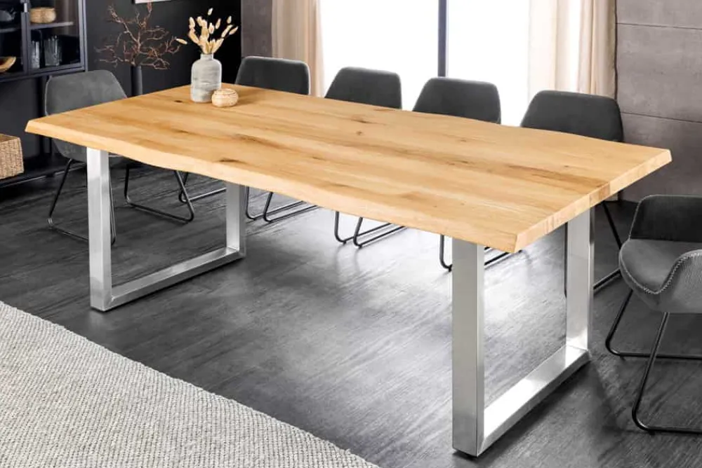 Riess-Ambiente Esstische|Mehr... > Massiver Esstisch WILD OAK 160cm natur silber Wildeiche Baumkante Edelstahl U-Gestell