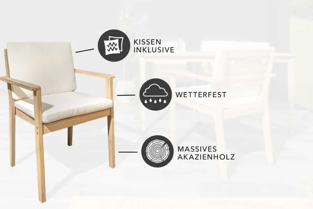 Riess-Ambiente Mehr...|Massivholz Gartenmöbel > Massiver Gartenstuhl KOPENHAGEN natur Akazienholz beige Outdoor inkl. Kissen