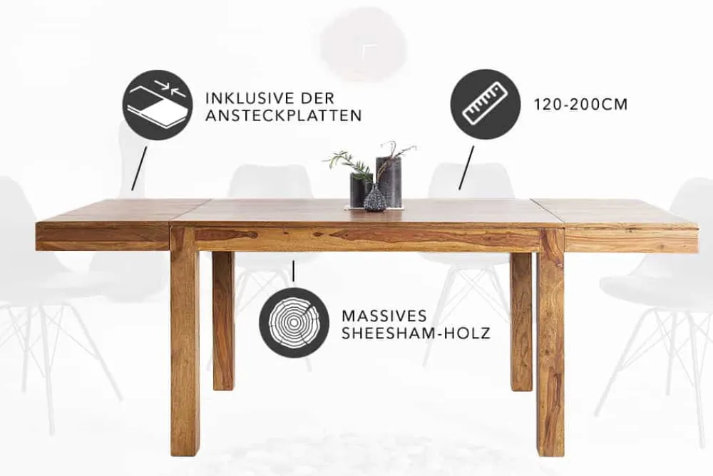Riess-Ambiente Mehr...|Massivholzesstische > Massiver Holz Esstisch PURE 120-200cm braun Sheesham stone finish mit Ansteckplatten