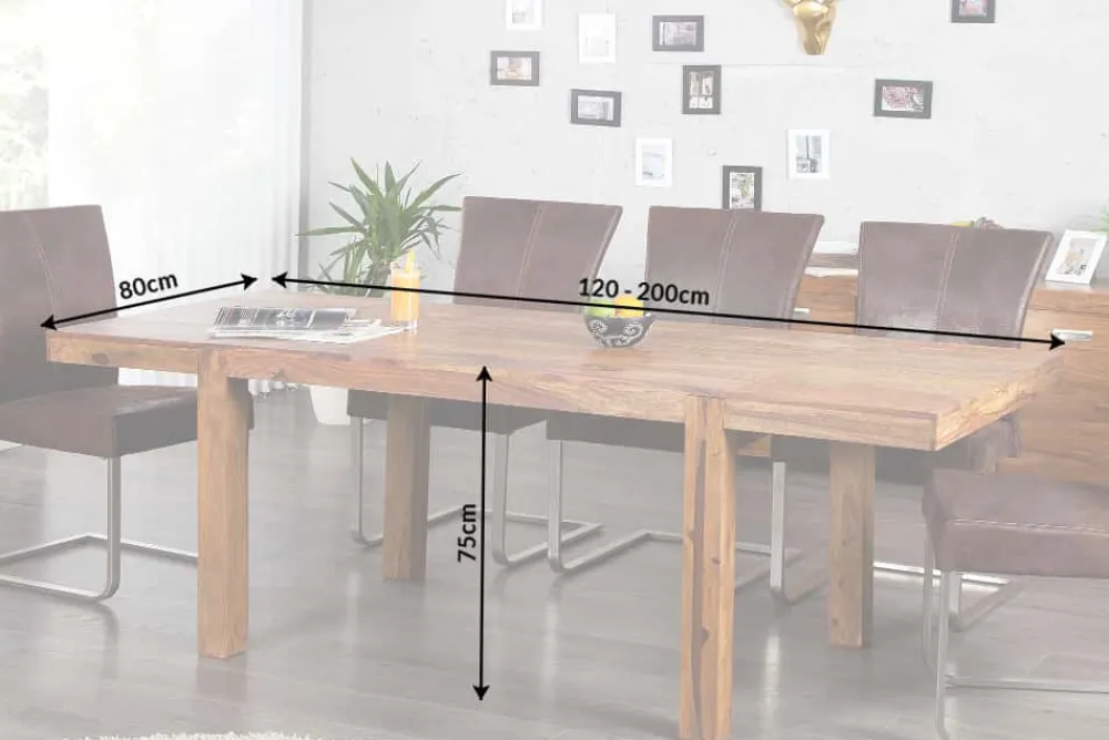 Riess-Ambiente Mehr...|Massivholzesstische > Massiver Holz Esstisch PURE 120-200cm braun Sheesham stone finish mit Ansteckplatten