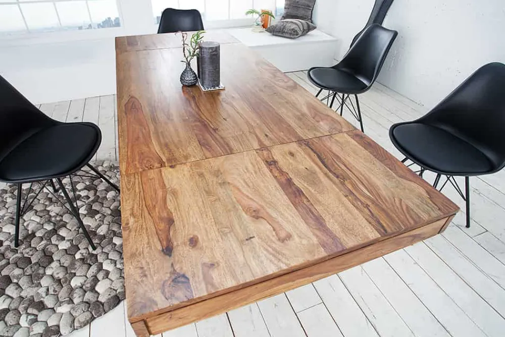 Riess-Ambiente Mehr...|Massivholzesstische > Massiver Holz Esstisch PURE 120-200cm braun Sheesham stone finish mit Ansteckplatten