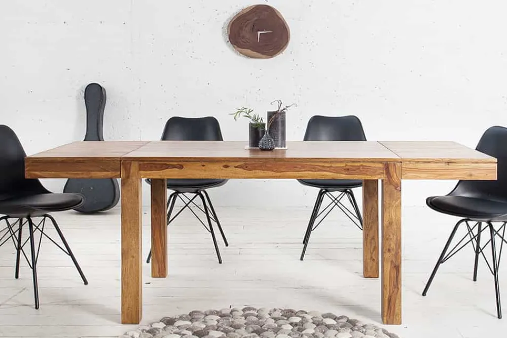 Riess-Ambiente Mehr...|Massivholzesstische > Massiver Holz Esstisch PURE 120-200cm braun Sheesham stone finish mit Ansteckplatten