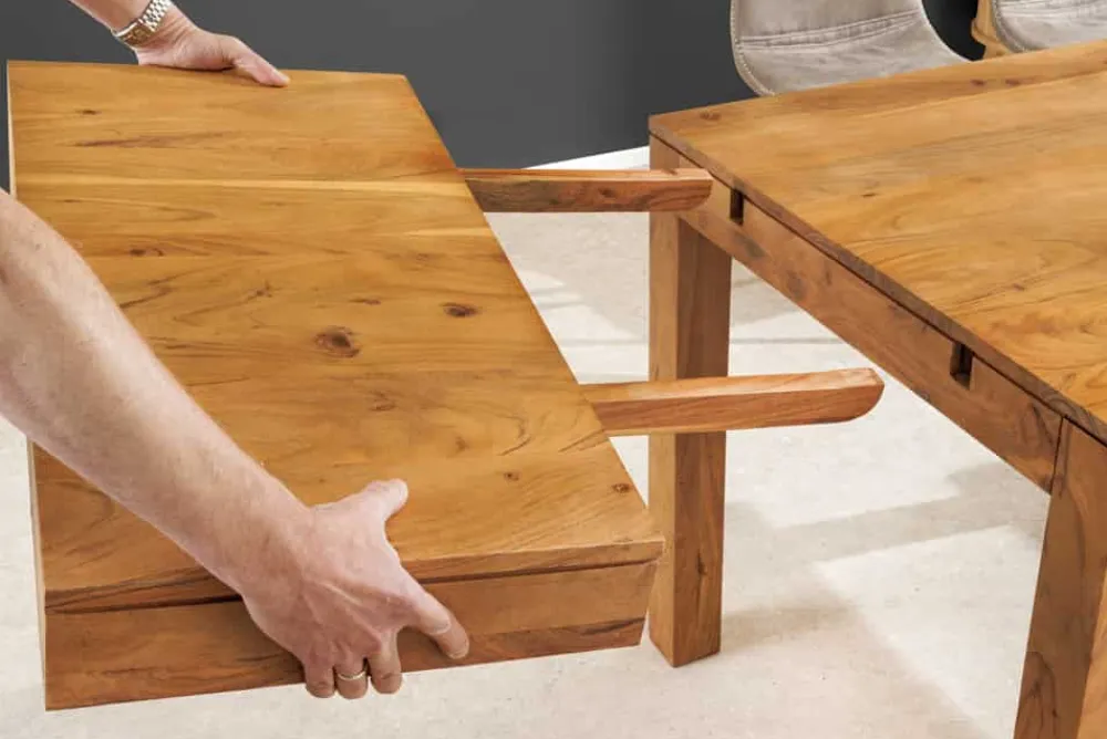 Riess-Ambiente Mehr...|Massivholzesstische > Massiver Holz Esstisch PURE 120-200cm natur honey finish Akazie mit Ansteckplatten