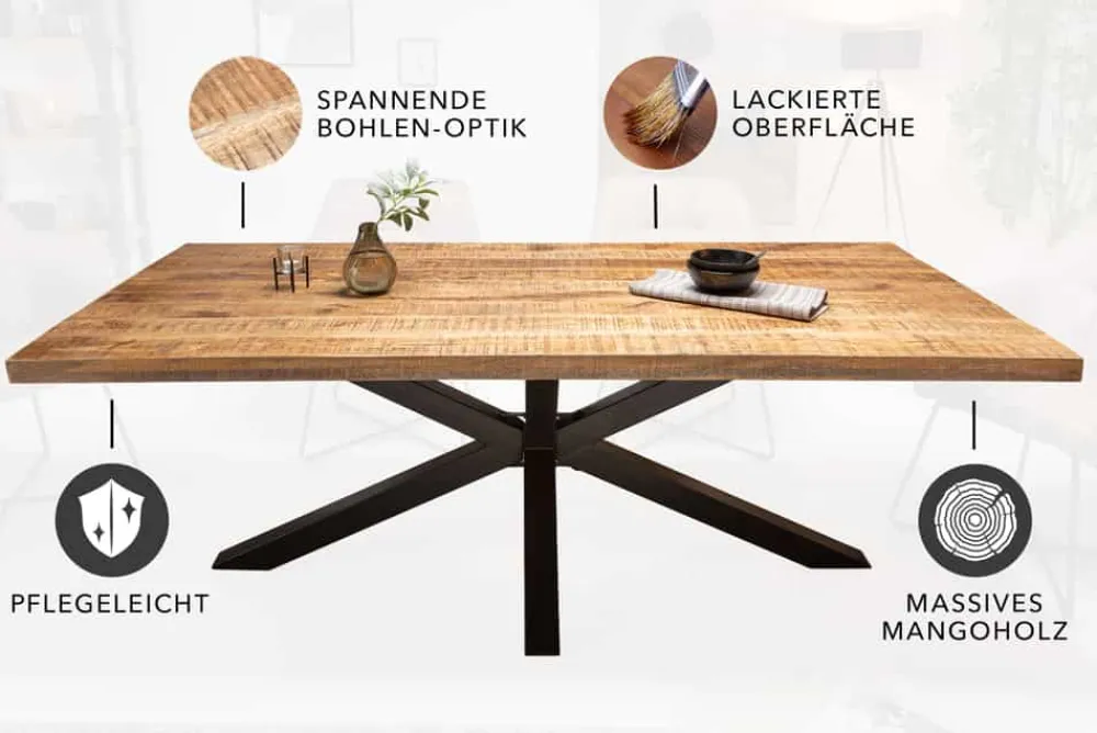 Riess-Ambiente Mehr...|Massivholzesstische > Massiver Industrial Esstisch GALAXIE 180cm Mangoholz sternenförmiges Gestell