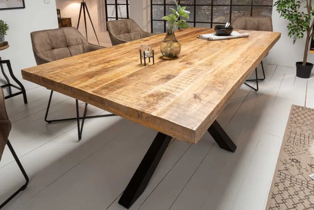 Riess-Ambiente Mehr...|Massivholzesstische > Massiver Industrial Esstisch GALAXIE 180cm Mangoholz sternenförmiges Gestell