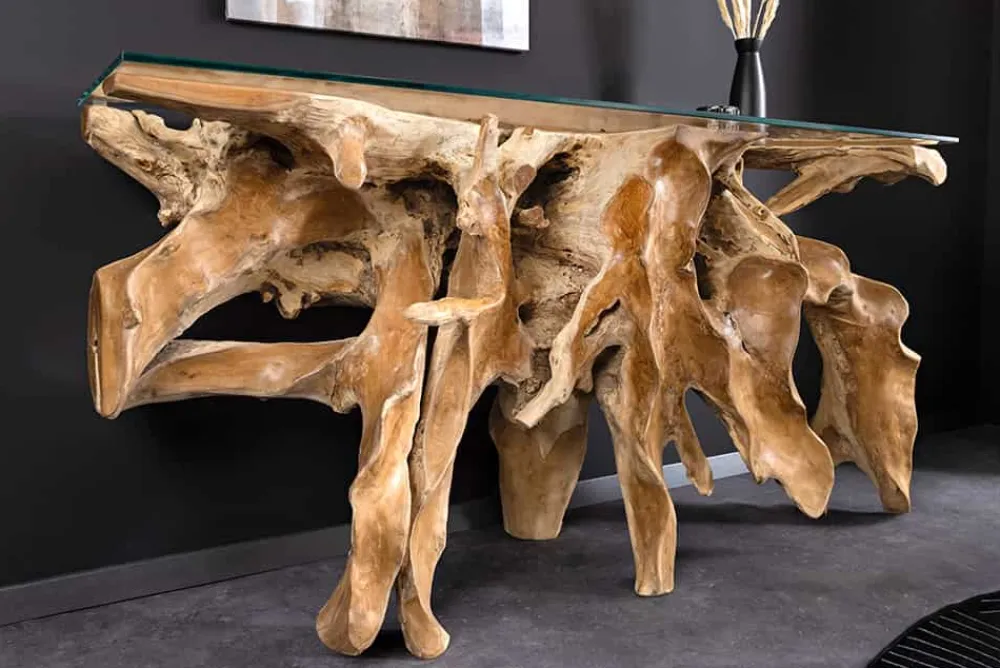 Riess-Ambiente Konsolentische|Mehr... > Massiver Konsolentisch ROOT 150cm natur Teak Massivholz aus Wurzelholz Glasplatte
