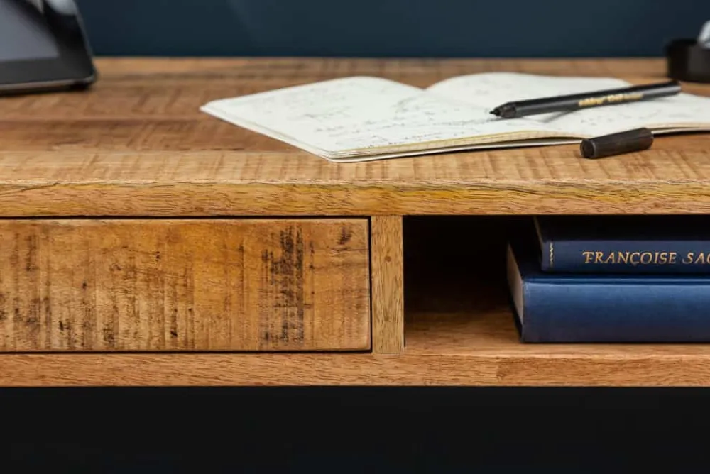 Riess-Ambiente Mehr...|Massivholztische > Massiver Schreibtisch RETRO 120cm Mangoholz Bürotisch mit Schublade