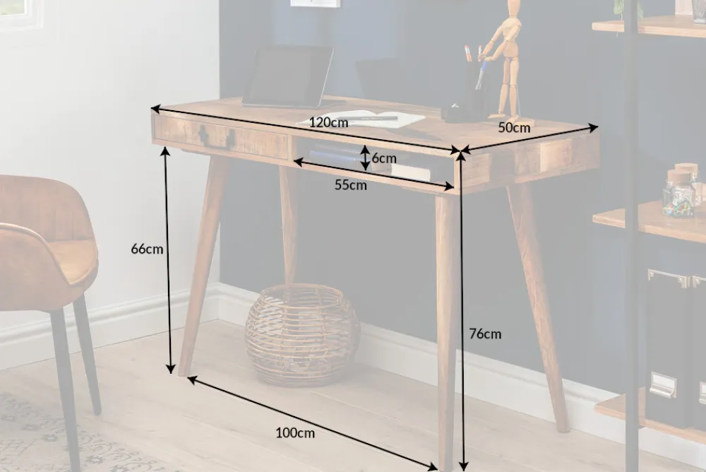 Riess-Ambiente Mehr...|Massivholztische > Massiver Schreibtisch RETRO 120cm Mangoholz Bürotisch mit Schublade