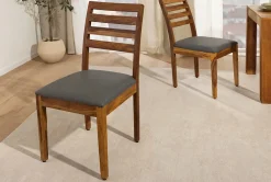Riess-Ambiente Mehr...|Massivholzstühle > Massiver Stuhl MAKASSAR braun stone finish Sheesham dunkelgrau Kunstleder