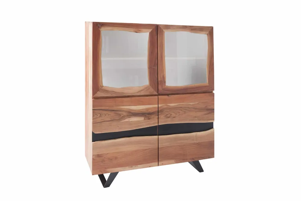 Riess-Ambiente Highboards|Industrial Loft > Massives Highboard AMAZONAS 140cm Akazie Metall Vitrine Baumkante