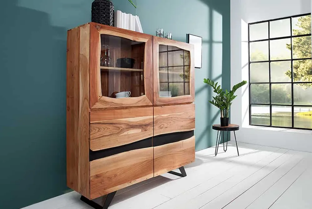 Riess-Ambiente Highboards|Industrial Loft > Massives Highboard AMAZONAS 140cm Akazie Metall Vitrine Baumkante